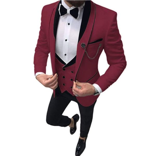 Brand New Bordeaux Groom Tuxedos Châle Revers Slim Fit Garçons D'honneur Robe De Mariée Excellent Homme Veste Blazer 3 Pièce Costume Veste Pantalon Gilet Cravate 129