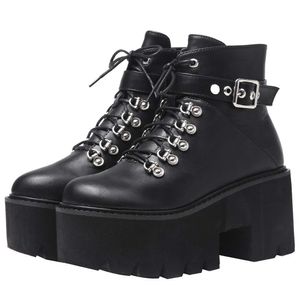 Tout nouveau Cool noir plate-forme carré talon haute hauteur boucles chaussons femme chaussures motos bottes
