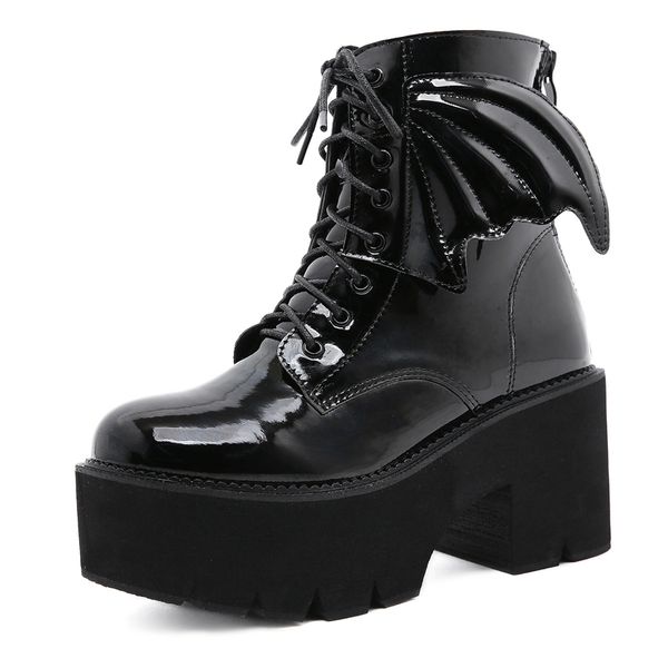 Nuevos botines de ala de Ángel de diseño tacones altos botas de plataforma de charol para mujer 4142 Punk Girls gótico Sexy modelo zapatos