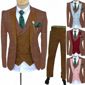 Gloednieuwe ontwerpen Burdy geruite pak mannen met bruin vest broek aangepaste slim fit blazer formele bruidegom bruiloft diner Dr Tuxedo v1sd #
