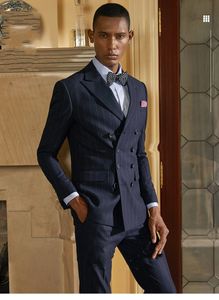 Brand New Double-Breasted Men Wedding Tuxedos Navy Blue Strips Groom Tuxedos Excellent Men Jacket Blazer 2 Piece Suit (Veste + Pantalon + Cravate) 2606