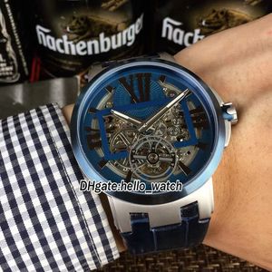 Pas cher New Executive 1713-139 SkeletonTourbillon 1713-139/43 Cadran Squelette Bleu Montre Automatique Pour Homme PVD Lunette Bleue Bracelet En Cuir Montres