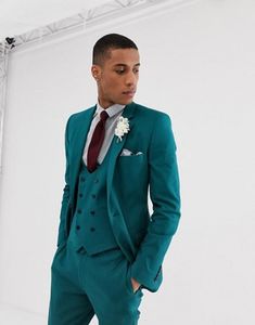 Brand New Green Groom Tuxedos Muesca Solapa Center Vent Padrino de boda Traje de 3 piezas Hombres Chaqueta de negocios Blazer (Chaqueta + Pantalones + Corbata + Chaleco) 8