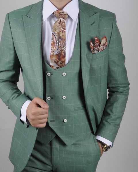 Brand New Green Lattice Groom Tuxedos Peak Lapel Groomsman Wedding 3 Piece Suit Mode Hommes Business Jacket Blazer (Veste + Pantalon + Cravate + Gilet) 672