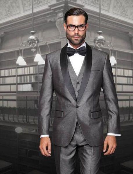 Brand New Grey Groom Tuxedos Noir Châle Revers Garçons D'honneur Hommes Robe De Mariée Populaire Homme Veste Blazer 3 Pièce Costume (Veste + Pantalon + Gilet + Cravate) 823