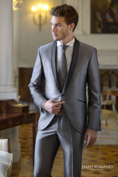 Tuxedos de mariage gris pour hommes, flambant neuf, châle noir, revers de marié, excellent costume de blazer pour hommes, veste de bal/dîner (veste + pantalon + cravate) 2618