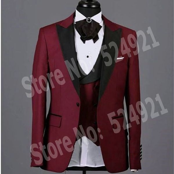 Brand New Groomsmen Dark Red Groom Tuxedos Peak Black Lapel Hommes Costumes De Mariage Meilleur Homme Marié (Veste + Pantalon + Gilet + Cravate) L205