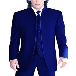Gloednieuwe groomsmen Royal Blue Groom Tuxedos Mandarin Rapel Men Suits Wedding Man Bridegom Jacket Pants Vest Tie L15690945