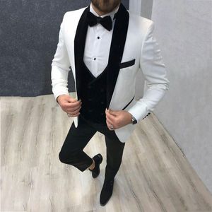 Brand New Groomsmen Shawl Lapel Groom Tuxedos Blanco y negro Trajes de hombre Wedding Best Man 3 piezas Blazer (Chaqueta + Pantalones + Corbata + Chaleco) L618