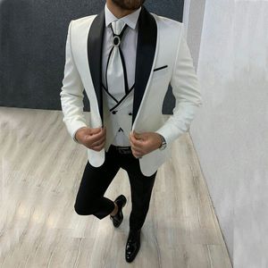 Gloednieuwe Groomsmen Sjaal Revers Bruidegom Tuxedos Wit en Zwart Mannen Pakken Bruiloft Beste Man 3 Stuks Blazer (jas + Broek + Tie + Vest) L617