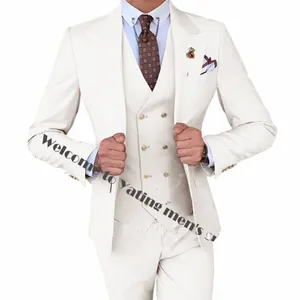 Brand New Ivoire Hommes Costume De Mariage Peak Revers Slim Fit Groom Tuxedos Dîner Populaire / Darty Dr 3 Pièces Costume Veste Pantalon Cravate Gilet C3Rr #