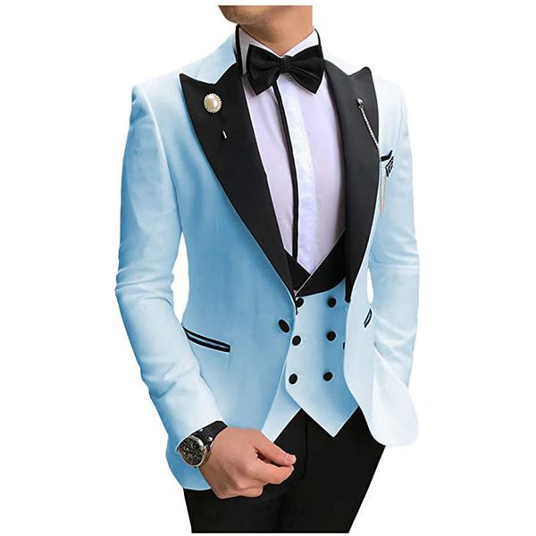 Brand New Light Blue Groom Tuxedos Black Peak Lapel Groomsmen Hommes Robe De Mariage Style Homme Veste Blazer 3 Pièce Costume Veste Pantalon Gilet Cravate 882