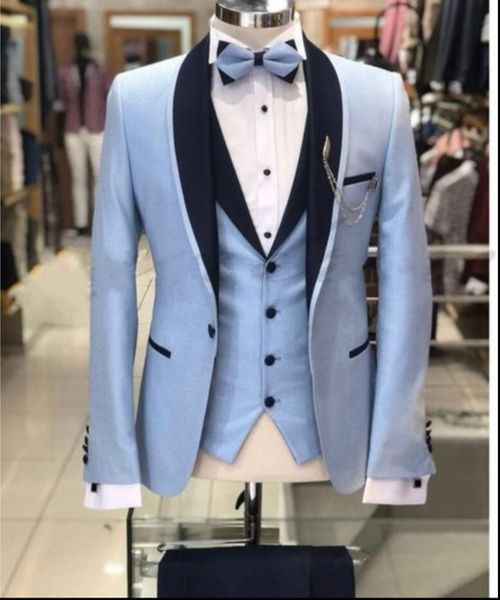 Brand New Light Blue Groom Tuxedos Noir Châle Revers Garçons D'honneur Hommes Robe De Mariage Style Homme Veste Blazer 3 Pièce Costume Veste Pantalon Gilet Cravate 883