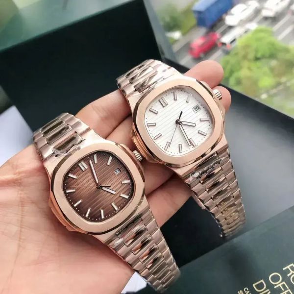 Nuevos hombres Serie 5711 Relojes de pulsera Relojes mecánicos automáticos para hombres Reloj de lujo para mujeres Esfera marrón Correa de acero inoxidable en oro rosa # 47