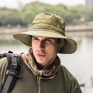 Nuevo sombrero de cubo para hombre Boonie caza pesca gorra al aire libre ala ancha militar Unisex sombreros de sol 240z