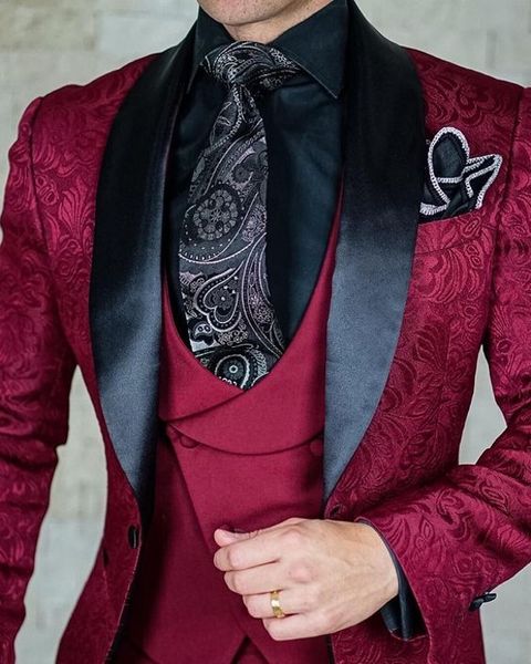 Costumes pour hommes flambant neufs motif rouge foncé et noir Tuxedos de marié châle revers en satin garçons d'honneur mariage meilleur homme (veste + pantalon + gilet + cravate) L418