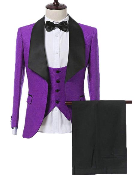 Brand New Hommes Costumes Violet Motif Marié Tuxedos Châle Satin Revers Garçons D'honneur De Mariage Meilleur Homme 3 Pièces (Veste + Pantalon + Gilet + Cravate) L426