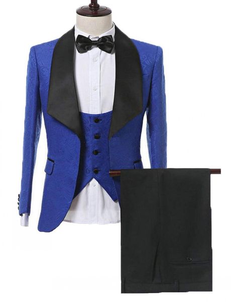 Brand New Men convient au motif Royal Blue Groom Smowos Châle Satin Brooms Plean Wedding Best Man 3 Pieces (Veste + Pantalon + Vest + Tie) L427