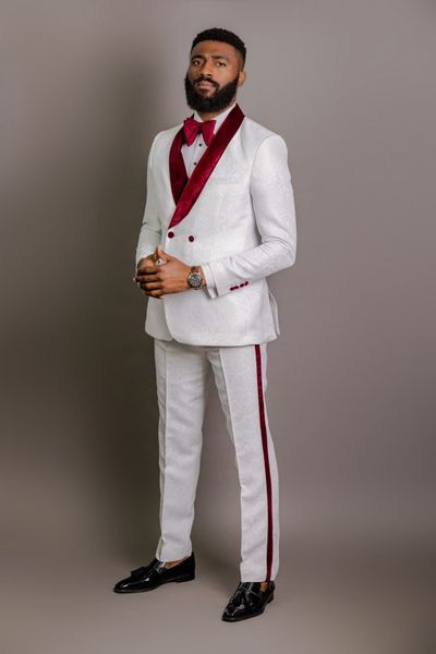 Nouveaux hommes costumes blanc motif marié smoking châle rouge foncé velours revers garçons d'honneur mariage meilleur homme 2 pièces (veste + pantalon + cravate) L456