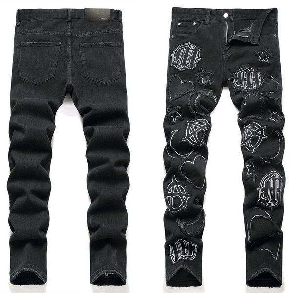 Brand New Mens Patchwork Jeans Patch Pantalon en Denim en détresse Coupe Skinny Slim Stretch Hommes Ripped Moto Jean Lavé Genou Trou Broderie Taille 29-38 Noir