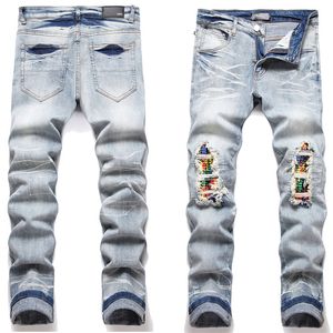 Nuevos pantalones vaqueros Robin para hombre con retales, pantalones de mezclilla desgastados, corte ceñido, estiramiento delgado, Moto Jean rasgado para hombre, agujero para la rodilla lavado, tamaño 29-38 Punk Retro Biker