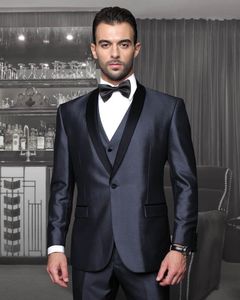 Brand New Navy Blue Groom Tuxedos Black Revers Groomsman Wedding 3 Piece Suit Excellent Men Business Jacket Blazer (Veste + Pantalon + Cravate + Gilet) 2659