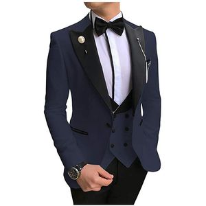 Gloednieuwe marineblauwe bruidegom Tuxedos Black Peak Rapel Groomsmen Mens trouwjurk Stijl Man Jacket Blazer 3 -delige pak jasbroek Vest Tie 884