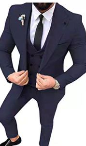 Gloednieuwe marineblauwe bruidegom Tuxedos Peak Rapel Groomsmen trouwjurk Uitstekende man jas blazer 3 -delige pak