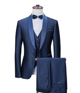 Gloednieuwe Navy Blue Bruidegom Tuxedos Sjaal Revers Groomsmen Mens Trouwjurk Populaire Man Jacket Blazer 3 Stuk Suit (Jas + Broek + Vest + Tie) 882