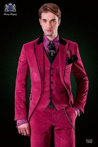 Gloednieuwe One Button Hot Pink Fluwelen Bruiloft Bruidegom Tuxedos Piek Revers Groomsmen Mannen Past Prom Blazer (Jas + Broek + Vest + Tie) NO: 2091