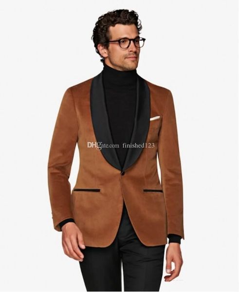 Nuevo traje de hombre de boda de terciopelo marrón claro con un botón, solapa, dos piezas, esmoquin para novio de negocios (chaqueta + pantalón + corbata) W1181