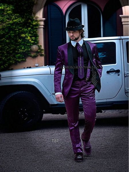 Brand New One Button Purple Satin Groom Tuxedos Beaux Hommes Costumes Formels Hommes Porter Mariage Bal Dîner Costumes Sur Mesure (Veste + Pantalon) 742