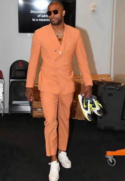 Brand New Orange Groom Tuxedos Double-Breasted Slim Fit Men Wedding Tuxedo Fashion Men Jacket Blazer Men Prom Dinner / Darty Suit Jacket Pants Tie 612