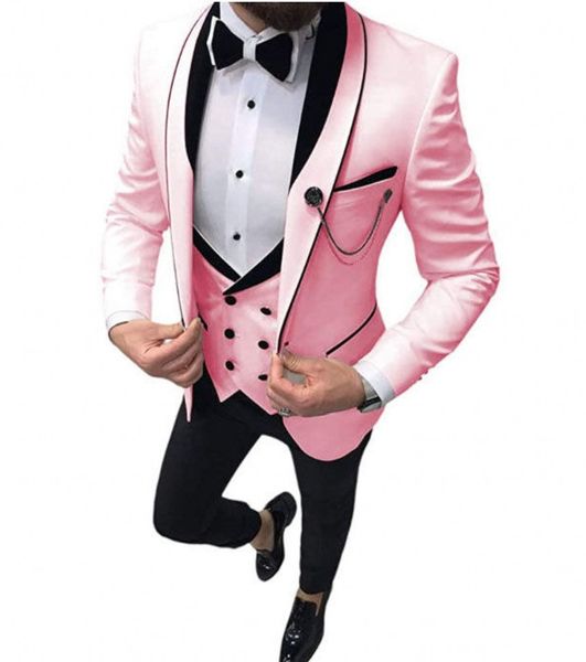 Nuevo esmoquin de novio rosa con solapa y mantón, vestido de novia ajustado para padrinos de boda, excelente chaqueta para hombre, chaqueta, traje de 3 piezas, chaqueta, pantalones, chaleco, corbata 1296