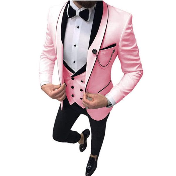 Nuevo esmoquin rosa para novio, solapa chal, corte entallado, vestido de boda para padrinos de boda, excelente chaqueta para hombre, chaqueta, traje de 3 piezas, chaqueta, pantalones, chaleco, corbata 1291