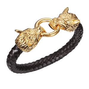 Gloednieuwe Punk Zwart 100% Leer 316L roestvrij staal Heren Sieraden Bangle Biker Double Gold Wolf Heads Charms Armband