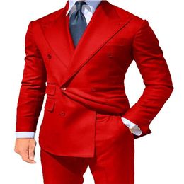 Brand New Red Groom Tuxedos Double-Breasted Men Wedding Tuxedo Fashion Men Jacket Blazer Hombres Prom Dinner Darty Suit Jacket Pants 218t