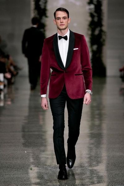 Nuevo traje de 2 piezas de terciopelo rojo para hombre, esmoquin de boda, esmoquin de novio de alta calidad con solapa de chal negro, la mejor chaqueta para hombre (chaqueta + pantalón + corbata) 611