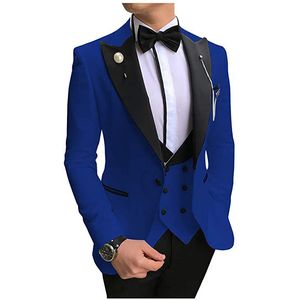 Brand New Royal Blue Groom Tuxedos Noir Peak Revers Groomsmen Hommes Robe De Mariée Style Homme Veste Blazer 3 Pièces Costume Veste Pantalon Gilet Cravate 866