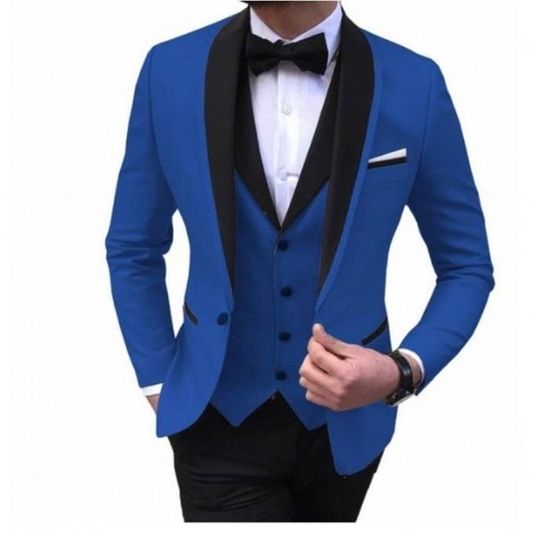Brand New Royal Blue Groom Tuxedos Black Lapel Groomsmen Mens Wedding Dress Fashion Man Jacket Blazer 3Piece Suit (Veste + Pantalon + Gilet + Cravate) 211