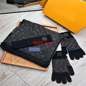 gloednieuwe sjaal hoed handschoenset Designer muts sjaal geruite sjaal Klassiek 3-delige set Winter Warm kalotje Heren Dames Gebreide sjaal Wol Materiaal Schedelkap Banddoos