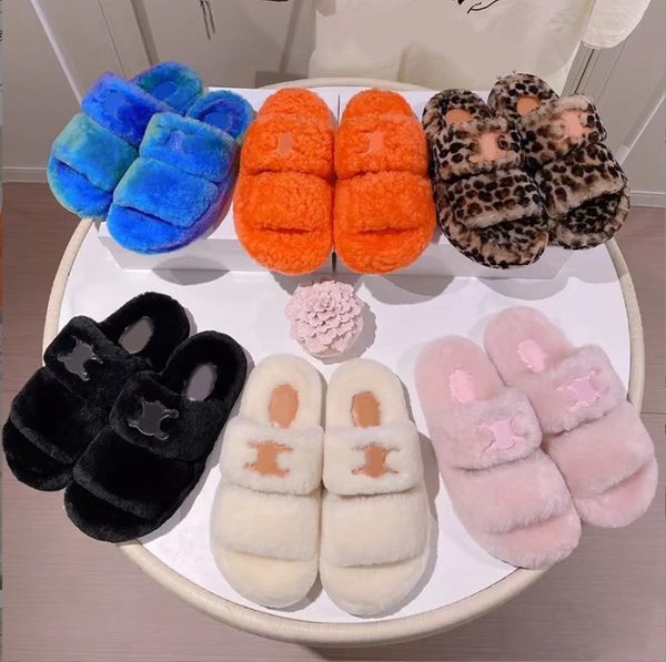 Brand New Shearling Triomphe Diapositives Pantoufles De Fourrure Sandales En Orange Vif Rose Bleu Blanc Femmes Dame Filles Paris Mode Furry Fluffy House Chaussures D'intérieur