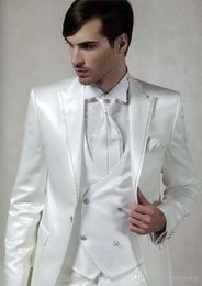 Gloednieuwe Shiny White Men 3 Stuk Suit Bruiloft Tuxedos Uitstekende Bruidegom Tuxedos Piek Revers One Button Heren Blazer (jas + Broek + Tie + Vest) 512