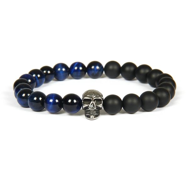 Nueva pulsera de calavera de acero inoxidable de plata al por mayor 10 unids/lote pulseras de cuentas que no se desvanecen con piedra de ojo de tigre Multicolor Natural de 8mm