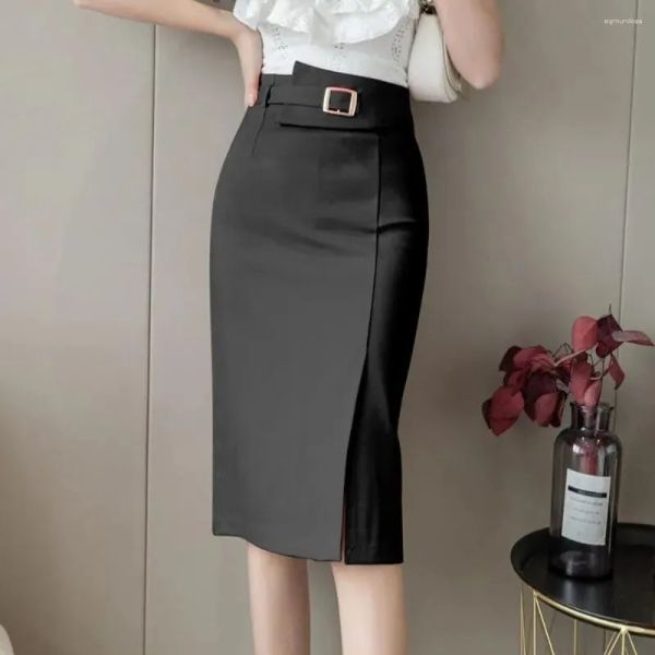 Nueva falda clásica retro lápiz hasta la rodilla falda femenina elegante oficina dama formal cinturón dividido embalaje cadera midi negro de gran tamaño