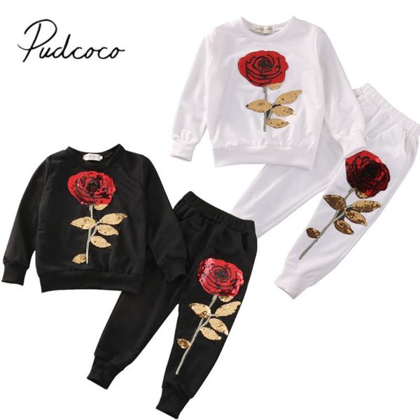 Tout nouveau enfant en bas âge infantile enfants 2 pièces filles paillettes Rose tenues vêtements t-shirt pantalons longs ensemble survêtement ensemble décontracté 2-7Y