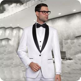 Brand New White Groom Tuxedos Black Shawl Lapel Groomsman Wedding 3 Piece Suit Fashion Men Business Jacket Blazer(Jacket+Pants+Tie+Vest)2661