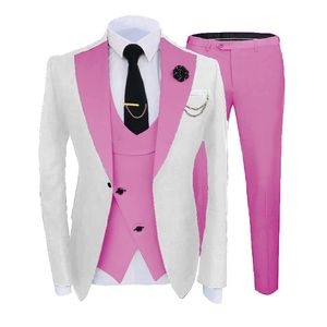 Brand New White Groom Tuxedos Pink Notch Lapel Padrinos de boda para hombre Estilo de vestido de boda Hombre Chaqueta Blazer Traje de 3 piezas Chaqueta Pantalones Chaleco Corbata 883
