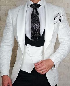 Brand New White Groom Tuxedos Châle Revers Groomsmen Hommes Robe De Mariée Style Homme Veste Blazer 3 Pièces Costume (Veste + Pantalon + Gilet + Cravate) 855