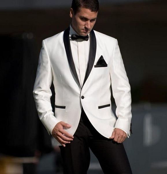 Brand New White Men Tuxedos De Mariage Noir Châle Revers Groom Tuxedos Mode Un Bouton Hommes Blazer 2 Pièce Costume De Bal / Dîner Veste Sur Mesure (Veste + Pantalon + Cravate) 2666